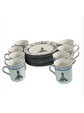 Vintage Coastal Lighthouse Coffee Mugs & Dessert Plates Set of 16 Totally Today